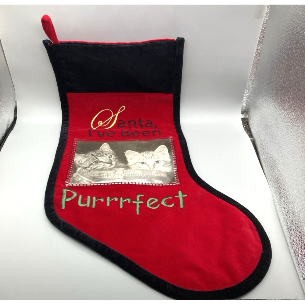 Pet Cat Christmas Stocking "Santa I've Been Purrfect" With Photo Sleeve Velvet